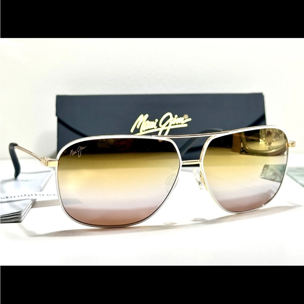 Maui Jim Kami Aviator White + Gold Frame, Dual Gold to Silver Lens Sunglasses